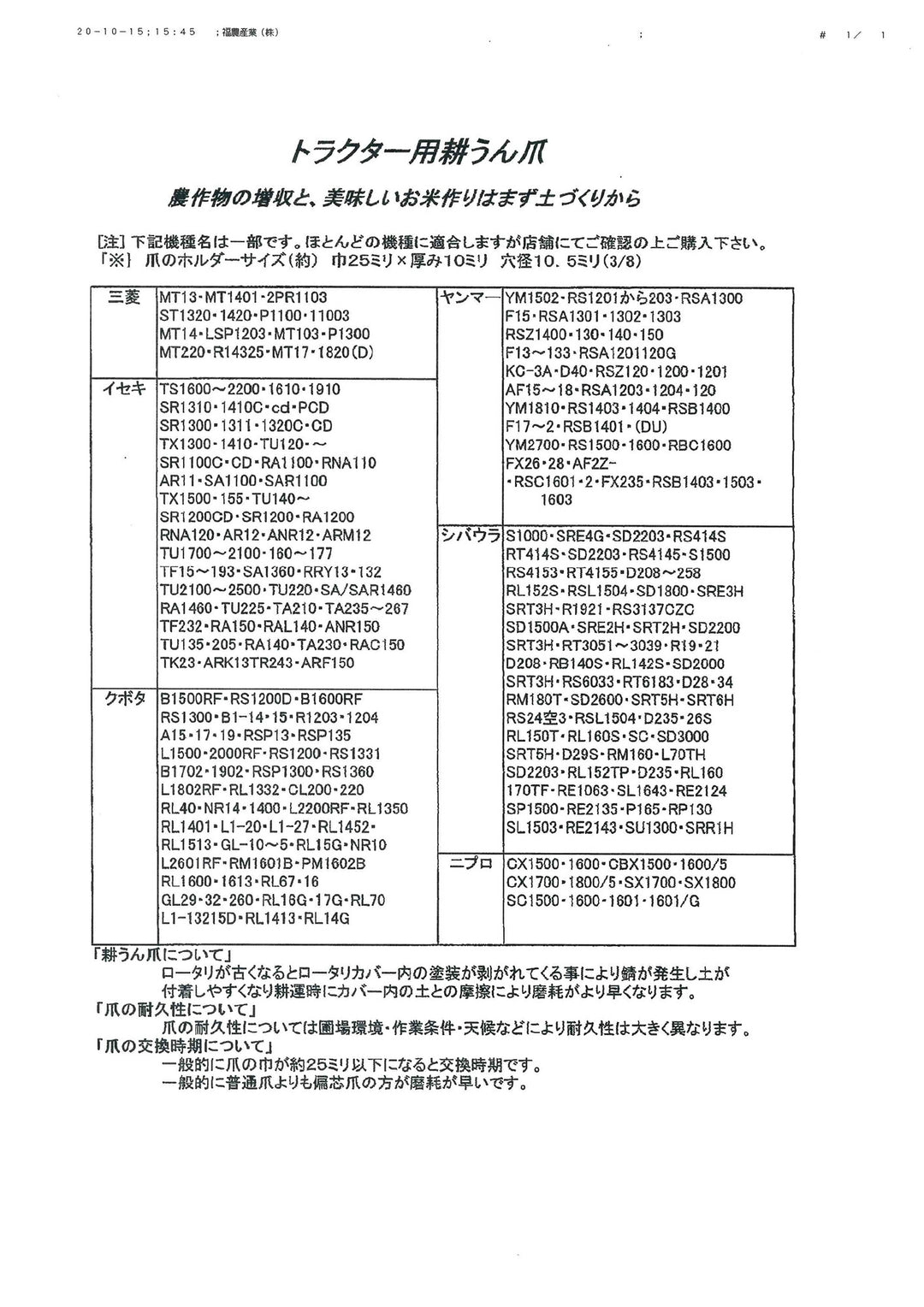 福農産業 トラクター爪 偏芯爪 右 グリーン